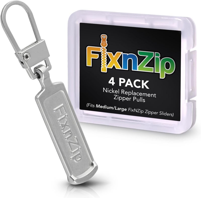 FixnZip Medium to Large Nickel Zipper Pull Replacements (4-Pack) | Universal Clip-On Pull Tabs for Zipper Repair, Sliders & Luggage, Jackets, Backpacks, Tents, Sleeping Bags & Outdoor Gear - Image 1